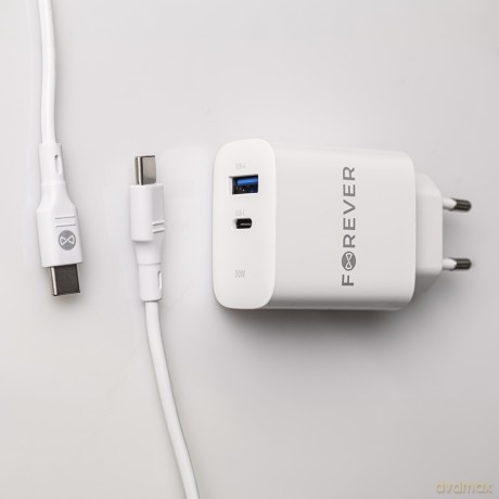 Forever ładowarka sieciowa PD QC TC-07 1x USB-C 1x USB 30W biała + kabel USB-C - USB-C 60W