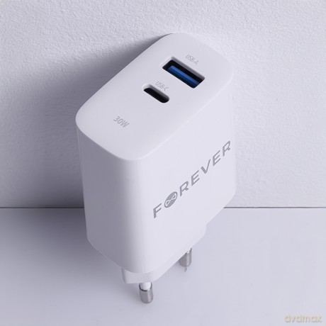 Forever ładowarka sieciowa PD QC TC-07 1x USB-C 1x USB 30W biała + kabel USB-C - USB-C 60W