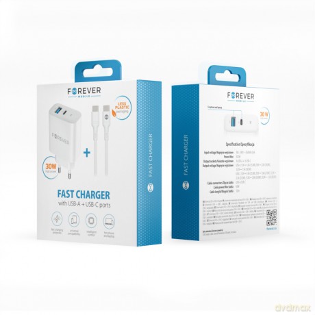 Forever ładowarka sieciowa PD QC TC-07 1x USB-C 1x USB 30W biała + kabel USB-C - USB-C 60W