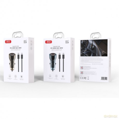 XO ładowarka samochodowa CC60 60W 1x USB 1x USB-C czarna + kabel USB-C - USB-C