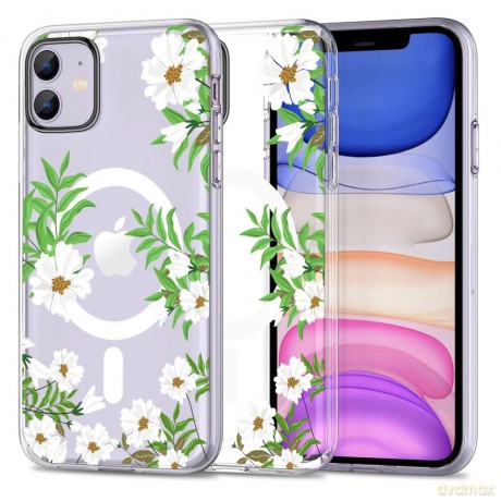 Etui Tech-Protect MagMood MagSafe na iPhone 11 - stokrotki z liśćmi