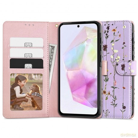 Etui Tech-Protect Wallet na Samsung Galaxy A35 5G - fioletowe kwiaty