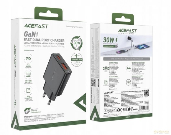 Ładowarka sieciowa Acefast A69 PD 30W GaN USB-A USB-C - czarna