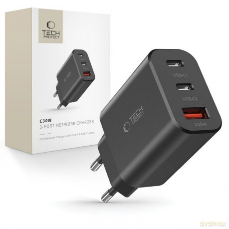 Ładowarka Tech-Protect NC30W sieciowa 2x USB-C PD 30W / USB-A QC 3.0 - czarna