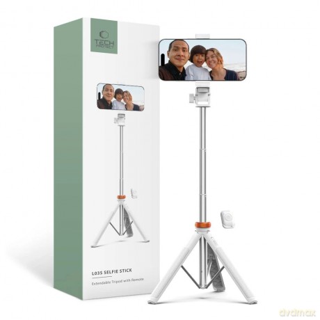 Selfie stick Tech-Protect L03S Bluetooth z pilotem, tripodem do 148cm i głowicą 180 - biały