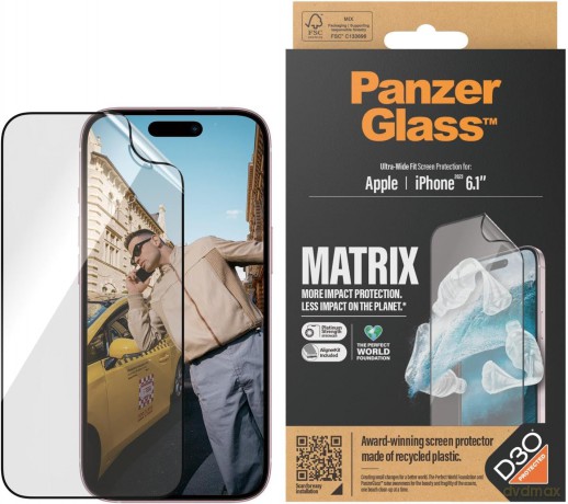 Szkło hybrydowe PanzerGlass Matrix Ultra-Wide-Fit na iPhone 15 z pozycjonerem