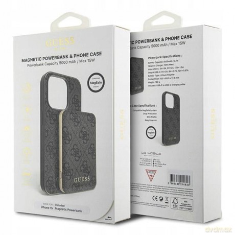 Zestaw etui Guess 4G Metal Logo na iPhone 15 + powerbank 5000mAh MagSafe - czarny