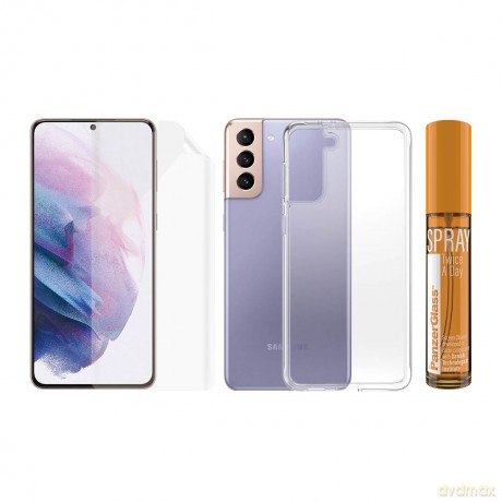 Zestaw ochronny PanzerGlass do Samsung Galaxy S21+ folia TPU + etui ClearCase + płyn czyszczący 30ml
