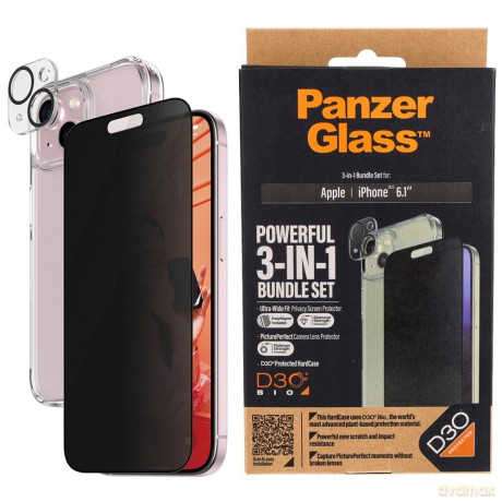 Zestaw PanzerGlass Privacy Bundle 3in1 etui przezroczyste + szkło prywatyzujące + osłona aparatu do iPhone 15
