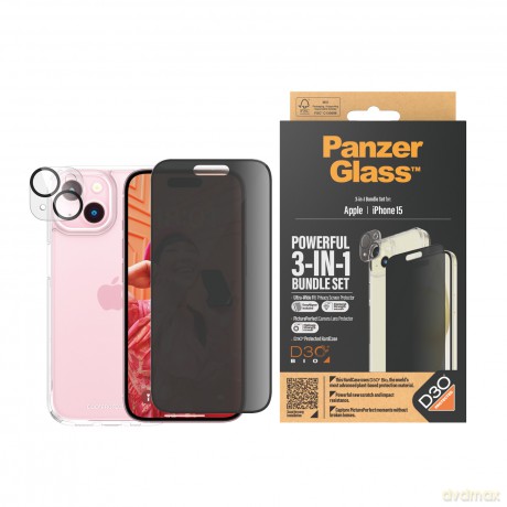 Zestaw PanzerGlass Privacy Bundle 3in1 etui przezroczyste + szkło prywatyzujące + osłona aparatu do iPhone 15