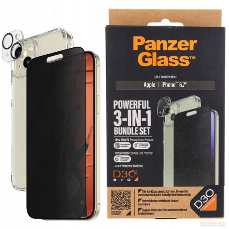 Zestaw PanzerGlass Privacy Bundle 3in1 etui przezroczyste + szkło prywatyzujące + osłona aparatu do iPhone 15 Plus