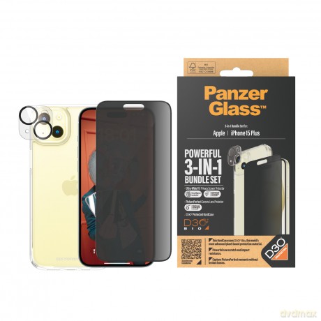 Zestaw PanzerGlass Privacy Bundle 3in1 etui przezroczyste + szkło prywatyzujące + osłona aparatu do iPhone 15 Plus