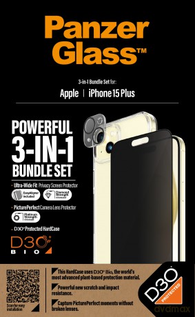 Zestaw PanzerGlass Privacy Bundle 3in1 etui przezroczyste + szkło prywatyzujące + osłona aparatu do iPhone 15 Plus