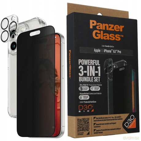 Zestaw PanzerGlass Privacy Bundle 3in1 etui przezroczyste + szkło prywatyzujące + osłona aparatu do iPhone 15 Pro