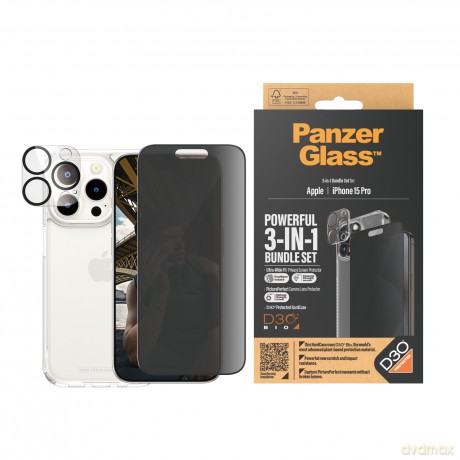 Zestaw PanzerGlass Privacy Bundle 3in1 etui przezroczyste + szkło prywatyzujące + osłona aparatu do iPhone 15 Pro