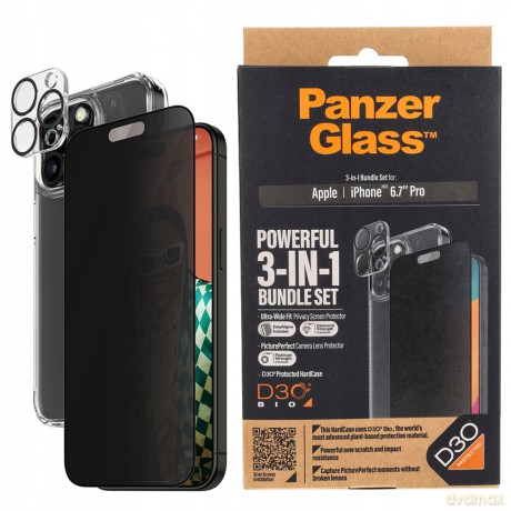 Zestaw PanzerGlass Privacy Bundle 3in1 etui przezroczyste + szkło prywatyzujące + osłona aparatu do iPhone 15 Pro Max