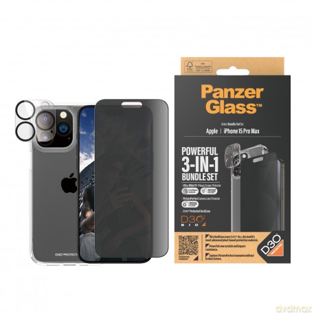 Zestaw PanzerGlass Privacy Bundle 3in1 etui przezroczyste + szkło prywatyzujące + osłona aparatu do iPhone 15 Pro Max