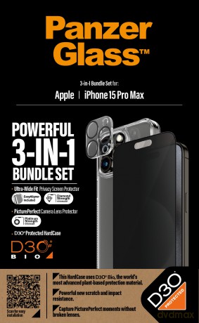 Zestaw PanzerGlass Privacy Bundle 3in1 etui przezroczyste + szkło prywatyzujące + osłona aparatu do iPhone 15 Pro Max