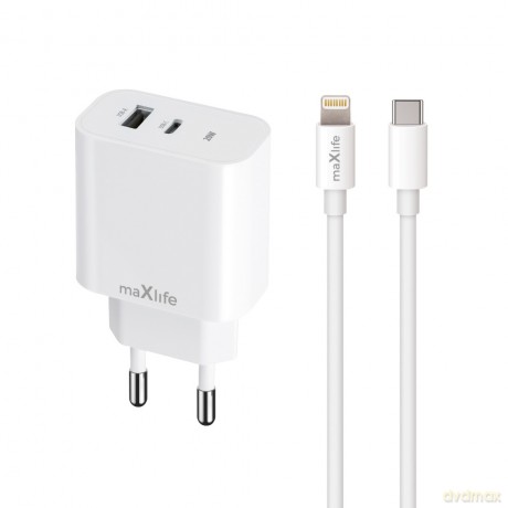 Maxlife ładowarka sieciowa PD QC MXTC-06-20AC 1x USB-C 1x USB 20W biała + kabel USB-C - Lightning 20W