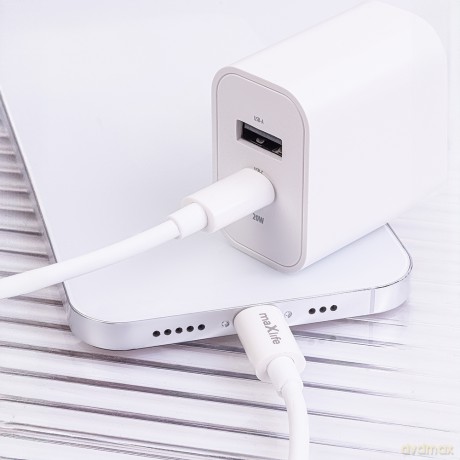 Maxlife ładowarka sieciowa PD QC MXTC-06-20AC 1x USB-C 1x USB 20W biała + kabel USB-C - Lightning 20W