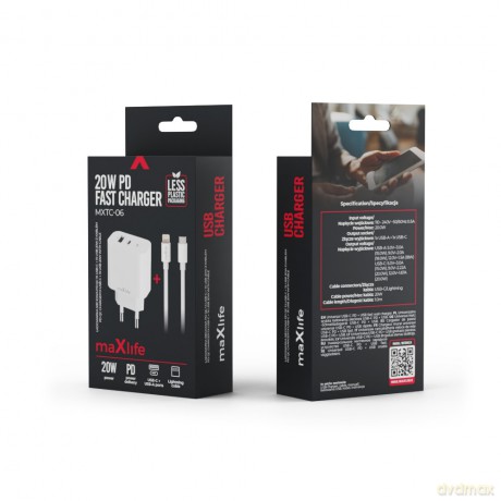 Maxlife ładowarka sieciowa PD QC MXTC-06-20AC 1x USB-C 1x USB 20W biała + kabel USB-C - Lightning 20W