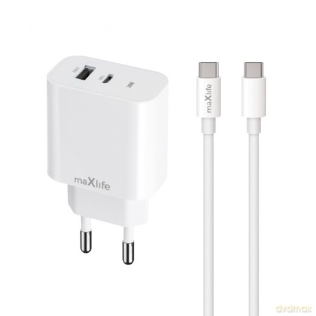 Maxlife ładowarka sieciowa PD QC MXTC-06-20AC 1x USB-C 1x USB 20W biała + kabel USB-C - USB-C 20W