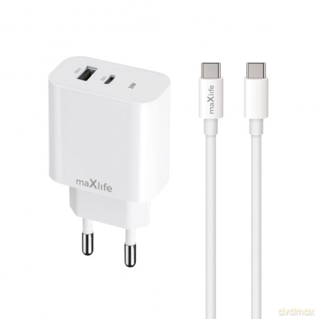 Maxlife ładowarka sieciowa PD QC MXTC-06-30AC 1x USB-C 1x USB 30W biała + kabel USB-C - USB-C 60W