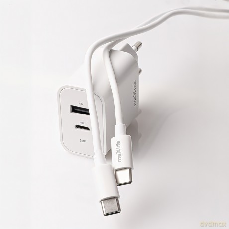Maxlife ładowarka sieciowa PD QC MXTC-06-30AC 1x USB-C 1x USB 30W biała + kabel USB-C - USB-C 60W