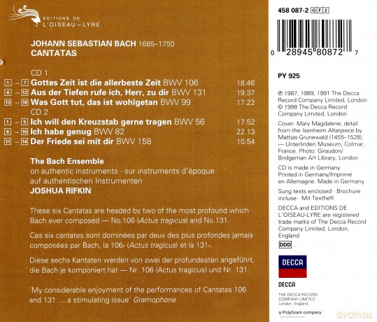 Rifkin/Bach Ensemble: Bach Cantatas 106,131,99,56,82,158 [2CD]