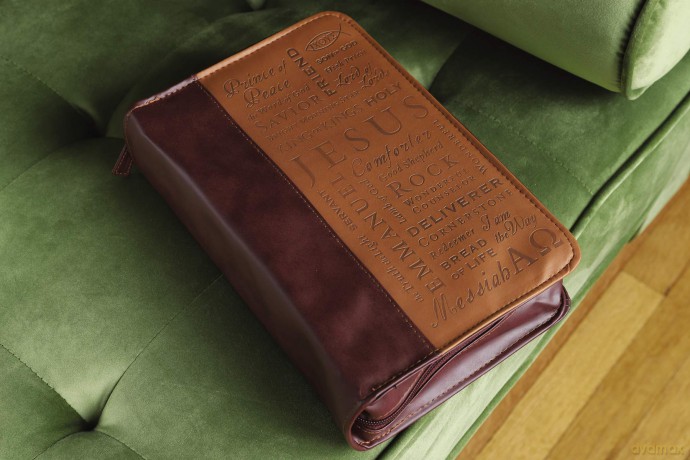 Names of Jesus Bible Cover, Zippered, Italian Duo-Tone Imitation Leather, Brown/Tan, Extra Large - Zondervan [KSIĄŻKA]