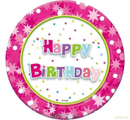 Talerzyki papierowe Happy Birthday róż 18cm 6szt