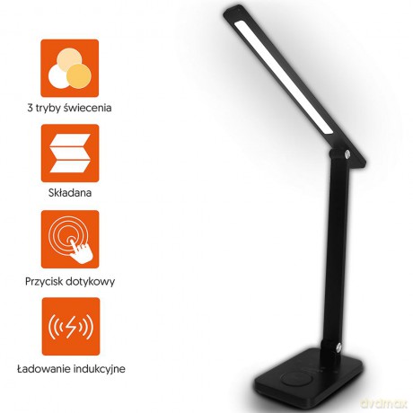 Lampka biurkowa LED 10W, 3000/4500/6000K, ładowanie indukcyjne, dotykowa, ściemniacz, czarna, LTC
