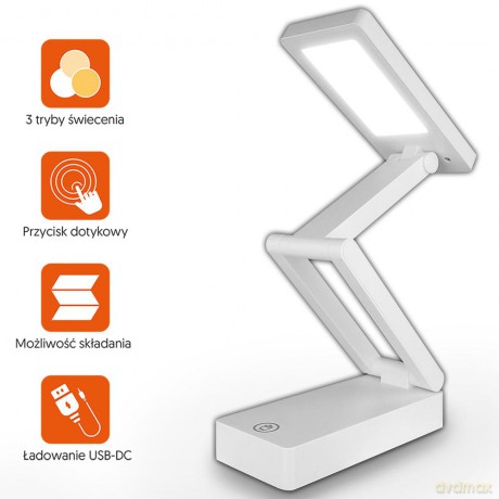 Lampka biurkowa LED składana, 3000/4500/6000K, dotykowa, 1200mAh, biała, LTC
