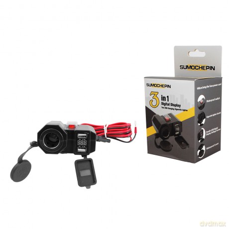 Wodoodporne motocyklowe gniazdo zapalniczki + 2xUSB-A 2x5V/2,1A, in:12V/24V kabel 1,4m LTC