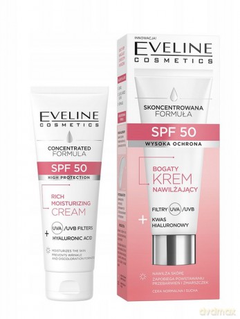 EVELINE SPF 50 Bogaty Krem nawilżający Filtry+Kwas Hialuronowy do cery normalnej i suchej 30 ml