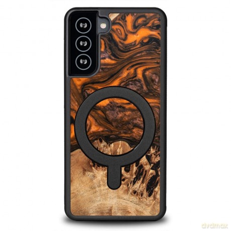 Etui Bewood Unique MagSafe Orange z drewna i żywicy na Samsung Galaxy S21 FE - pomarańczowo-czarne