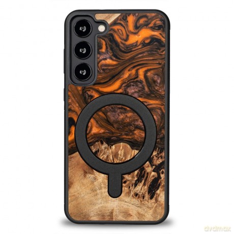 Etui Bewood Unique MagSafe Orange z drewna i żywicy na Samsung Galaxy S23+ - pomarańczowo-czarne