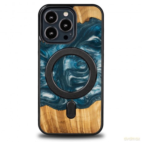 Etui Bewood Unique MagSafe Powietrze Żywioł z drewna i żywicy na iPhone 13 Pro - niebiesko-białe