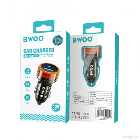 BWOO ładowarka samochodowa BO-CC85 38W fast transparent car charger QC 18W + PD 20W