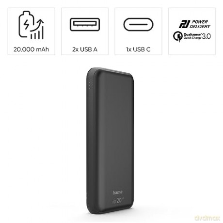 Hama - Powerbank PD 2 USB-A outputs, One USB-C output for fast charging