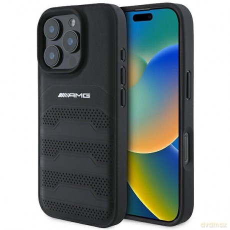 Etui AMG Leather Debossed Lines Black Logo na iPhone 16 Pro - czarne