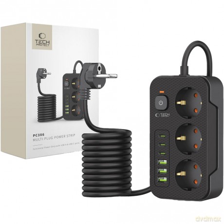 Listwa zasilająca Tech-Protect PC3X6 3 gniazda 240V + 3xUSB-A + 3xUSB-C 200cm - czarna