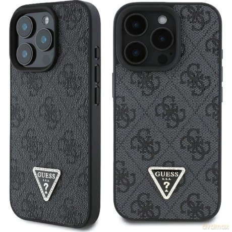 Etui Guess Leather 4G Triangle Strass MagSafe na iPhone 16 Pro - czarne