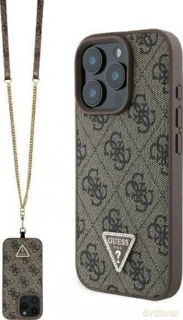 Etui Guess Leather Metal Logo Strass Crossbody na iPhone 16 Pro - brązowe