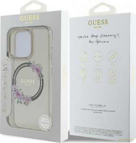 Etui Guess IML Flowers Wreath MagSafe na iPhone 16 Pro - czarne
