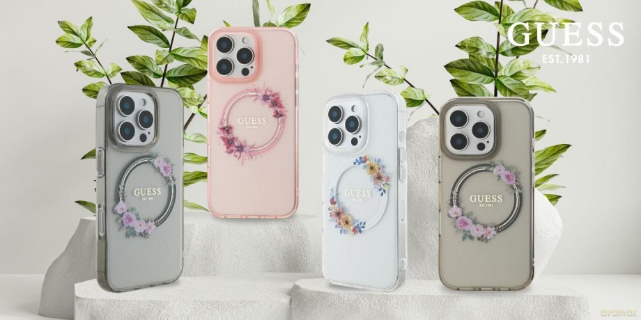 Etui Guess IML Flowers Wreath MagSafe na iPhone 16 Pro - czarne
