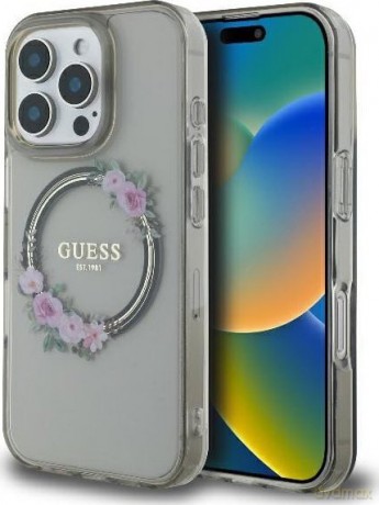 Etui Guess IML Flowers Wreath MagSafe na iPhone 16 Pro - czarne