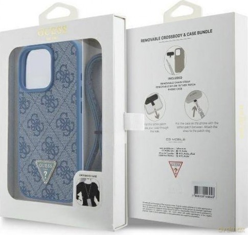 Etui Guess Leather Metal Logo Strass Crossbody na iPhone 16 Pro Max - niebieskie