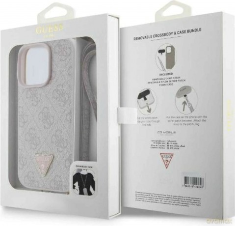 Etui Guess Leather Metal Logo Strass Crossbody na iPhone 16 Pro - różowe