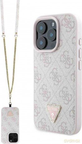 Etui Guess Leather Metal Logo Strass Crossbody na iPhone 16 Pro - różowe